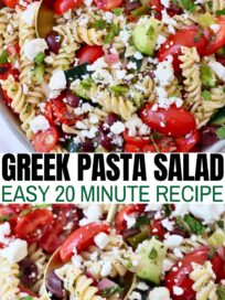pasta salad with tomatoes and diced cucumbers, topped with crumbled feta cheese, in a bowl with a spoon
