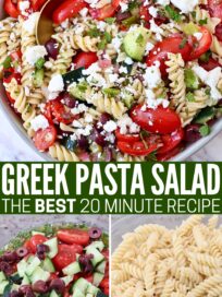collage of images with prepared pasta salad in a bowl with a spoon, and cooked rotini pasta, diced cucumber, tomatoes and olives in a large glass bowl