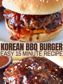 cooked burger on bun topped with korean bbq sauce and sesame seeds