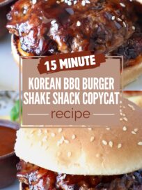cooked burger on bun topped with korean bbq sauce and sesame seeds