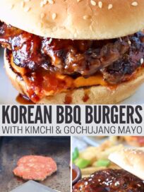 korean bbq burger on a bun with bby sauce and spicy mayonnaise, and burger patty smashed with a large spatula on a griddle