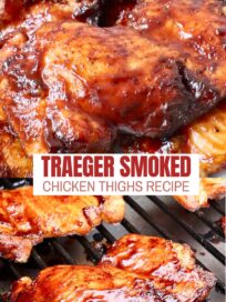 smoked chicken thighs brushed with barbecue sauce on a smoker and stacked up on a plate