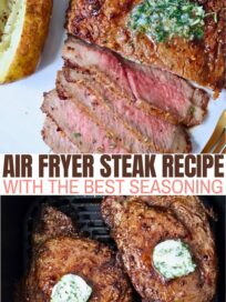two cooked steaks in an air fryer basket topped with herb butter and one partially sliced cooked steak on a plate topped with melted herb butter