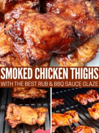 smoked chicken thighs on a smoker brushed with bbq sauce and stacked up on a plate