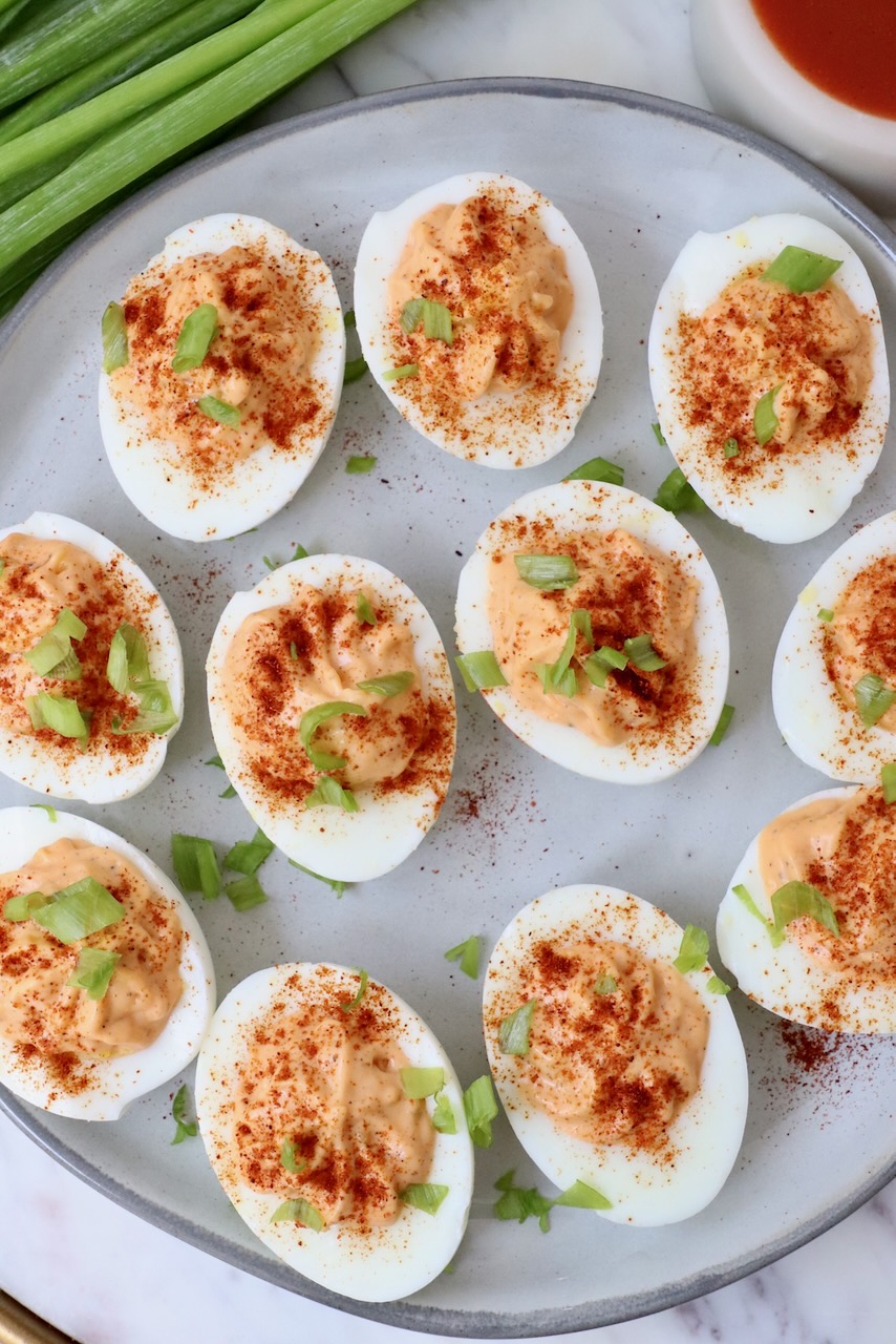 prepared buffalo deviled eggs on a plate