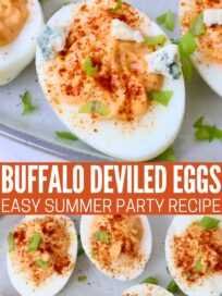 buffalo deviled eggs on a plate topped with blue cheese crumbles and paprika