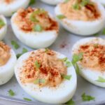 buffalo deviled eggs on a plate
