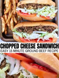 three chopped cheese sandwiches lined up on a baking sheet with seasoned, cooked french fries on the side and one chopped cheese sandwich on a plate