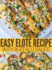 grilled corn on the cob on a plate topped with blue cheese crumbles and fresh cilantro