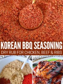 collage of three images, with spices mixed together in a bowl with a spoon, spices separated in a bowl with a spoon, and grilled Korean bbq chicken stacked up on a plate