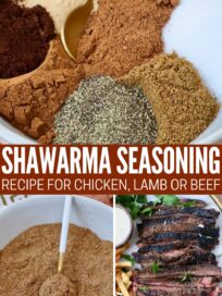 collage of images with spices separated in a bowl with a spoon, shawarma seasoning in a bowl with a spoon and grilled, sliced steak on a platter with french fries