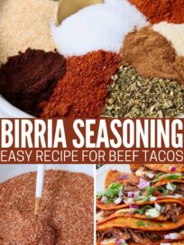 collage of images with dried herbs and spices separated in a bowl, birria seasoning blend in a bowl with a spoon, and quesabirria tacos stacked up on a plate