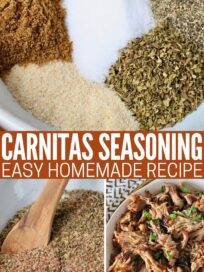 collage of images with dried herbs and spices separated in a bowl, and combined in a bowl with a wooden spoon, next to an image of prepared carnitas in a bowl