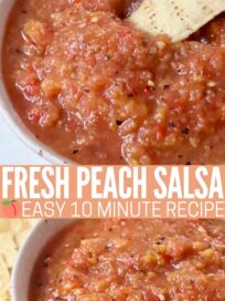 peach salsa in a bowl with a tortilla chip dipped in the salsa