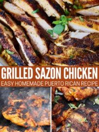 collage of images with grilled chicken thighs on a grill, stacked up on a plate, and sliced in a bowl with fresh cilantro on top