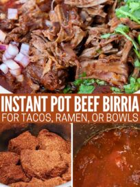 collage of images with seasoned chunks of beef in an Instant Pot, liquid covering beef in an Instant Pot, and cooked, shredded beef birria in a bowl with diced onions and cilantro
