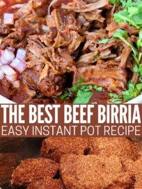 seasoned chunks of beef in an Instant Pot and shredded, cooked beef birria in a bowl with onions and cilantro