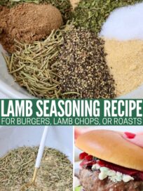 collage of images with dried herbs and spices separated in a bowl, then mixed together in a bowl with a spoon, and a lamb burger held over a plate