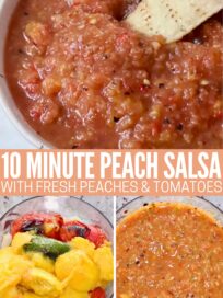 collage of images, with the ingredients for peach salsa in a food processor, peach salsa blended up in a food processor, and peach salsa in a bowl with a tortilla chip dipped in the salsa