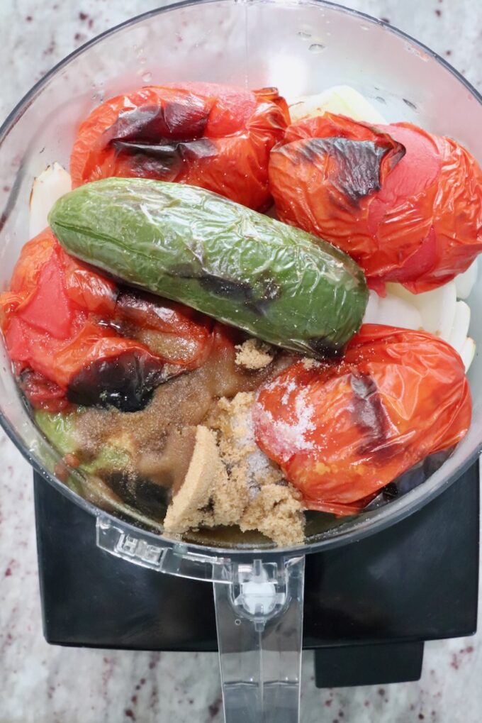 roasted tomatoes and peppers in a food processor