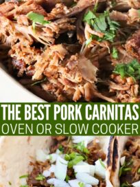 shredded pork carnitas in a bowl and in tortillas on a plate with fresh cilantro sprinkled on top