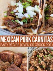 collage of image with seasoned pork in a large cast iron pot, shredded pork carnitas in a bowl and shredded pork in a tortilla on a plate with fresh cilantro and diced onions sprinkled on top