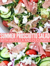 salad in a bowl with prosciutto, cucumber, tomatoes and feta cheese