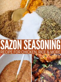 collage of images with spices separated in a bowl with a spoon, spices mixed together in a bowl, and spice rubbed grilled chicken thighs on a plate