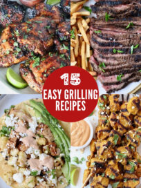 collage of images with grilled chicken, grilled sliced steak, tacos, and grilled chicken skewers