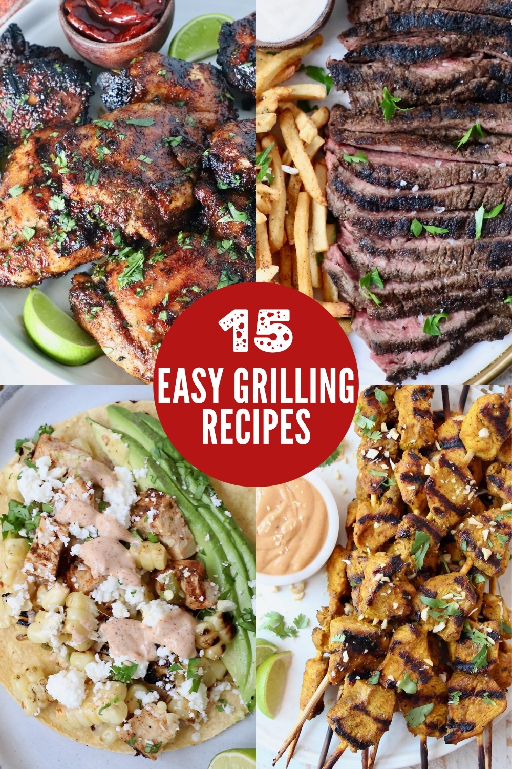 collage of images with grilled chicken, grilled sliced steak, tacos, and grilled chicken skewers