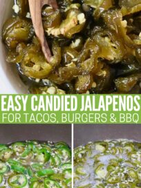 collage of images with sliced jalapenos boiling in a vinegar mixture in a pot and candied jalapenos in a bowl with a wooden fork