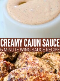 creamy sauce in a bowl with a spoon and tossed with cooked chicken wings on a plate