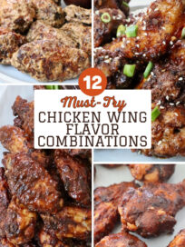Four images of chicken wings with various sauces, garnished with green onions and sesame seeds. Center text: "12 Must-Try Chicken Wing Flavor Combinations."