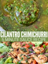 chimichurri sauce in bowl with spoon and drizzled over shrimp fajitas in a skillet
