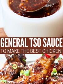 general tso sauce in a bowl with a spoon and tossed with chicken wings stacked up on a plate