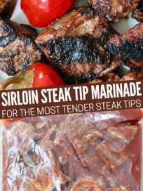 Grilled steak tips alongside a bright red cherry pepper, and pieces of steak marinating in a bag, with a text overlay that reads, "Sirloin Steak Tip Marinade, for the most tender steak tips."