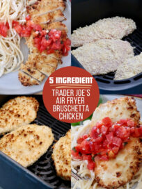 Collage of air fryer bruschetta chicken preparation. Clockwise: breaded raw chicken, cooked chicken topped with tomatoes, served with pasta, and crispy in air fryer.