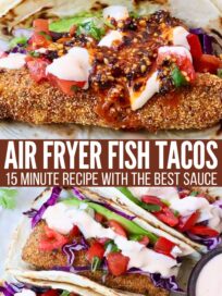 Close-up of air fryer fish tacos with crispy breaded fish, vibrant slaw, diced tomatoes, and sauce in grilled tortillas. Text: "Air Fryer Fish Tacos: 15 Minute Recipe with the Best Sauce."