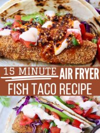 Two fish tacos with crispy breaded fillets, topped with tomato salsa and sauce, in charred tortillas. Text overlay: "15 Minute Air Fryer Fish Taco Recipe."