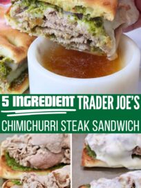 Hand holding a chimichurri steak sandwich with a cup of beef broth, showcasing juicy meat and green chimichurri sauce. Text reads "5 Ingredient Trader Joe's Chimichurri Steak Sandwich."