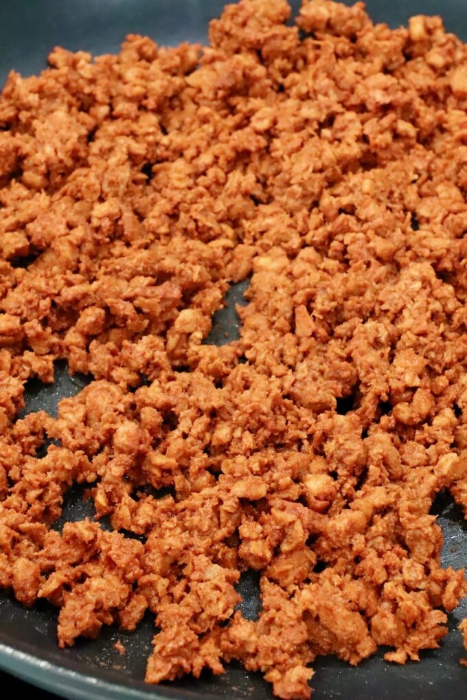 crumbled soy chorizo in a skillet