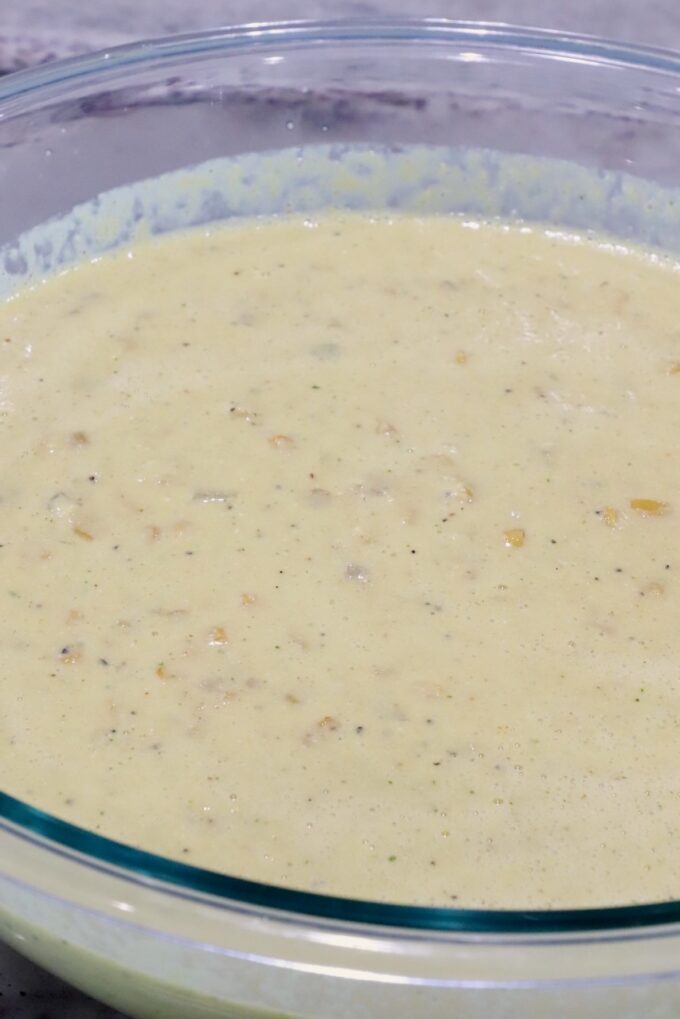 Mexican street corn soup in a large glass bowl