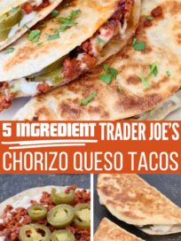 Crispy tacos with chorizo, queso, and jalapeños are garnished with cilantro. Text overlay reads "5 Ingredient Trader Joe's Chorizo Queso Tacos."