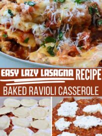 Close-up of a baked ravioli casserole, covered with melted cheese and herbs. Text reads "Easy Lazy Lasagna Recipe - Baked Ravioli Casserole."