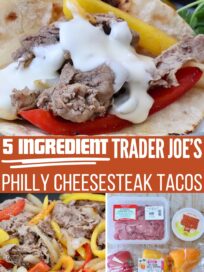 Close-up of tacos filled with beef, queso, and colorful peppers. Ingredients and packaging are shown beneath, with text highlighting a five-ingredient recipe.