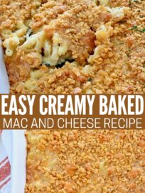 Close-up of a golden, crispy-topped baked mac and cheese in a rectangular dish with a serving spoon. Text overlay reads "Easy Creamy Baked Mac and Cheese Recipe."