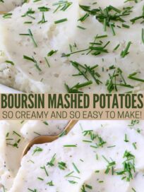 Creamy mashed potatoes topped with chopped chives and a spoon seen from above. Text overlay reads "Boursin Mashed Potatoes: So Creamy and So Easy to Make!".