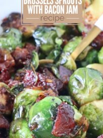 Close-up of caramelized Brussels sprouts with glossy bacon jam, highlighted by a golden fork. Text overlay: "Easy Caramelized Brussels Sprouts with Bacon Jam Recipe".