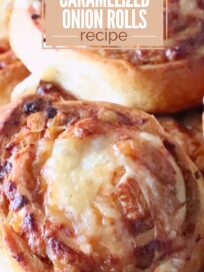 Close-up of golden-brown caramelized onion rolls, topped with melted cheese. Text overlay reads "6 Ingredient Caramelized Onion Rolls Recipe".