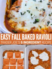 baked ravioli in a dish topped with melted cheese and herbs. Below, two process shots of layered ravioli and ricotta cheese. Text overlay reads: "Easy Fall Baked Ravioli, Trader Joe's 5 Ingredient Recipe."